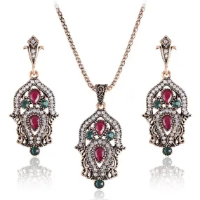 Luxury Indian and Turkish Crystal Flower Necklace & Earrings Vintage Jewelry Set