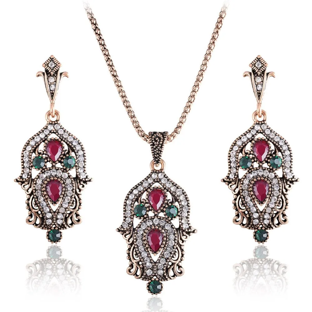 Luxury Indian and Turkish Crystal Flower Necklace & Earrings Vintage Jewelry Set