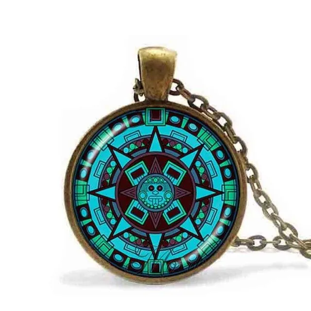 Mayan Calendar Bronze Pendant with Archaeological Glass Image