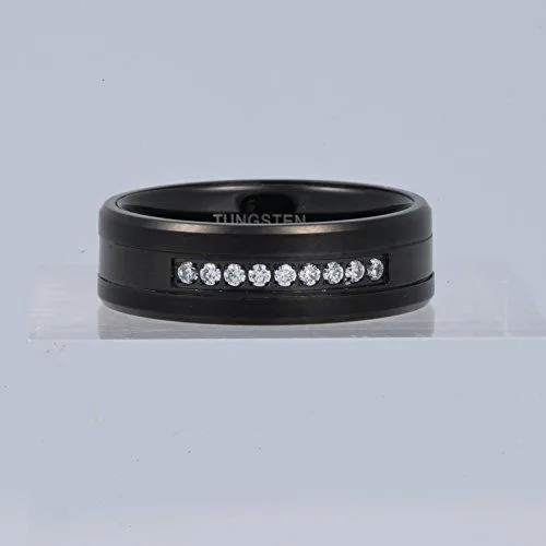 Men Black 8mm Tungsten Carbide Ring Vintage Cubic Zirconia Wedding Jewelry Engagement Promise Band for Him Matte Finish Comfort Fit