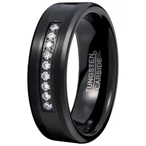 Men Black 8mm Tungsten Carbide Ring Vintage Cubic Zirconia Wedding Jewelry Engagement Promise Band for Him Matte Finish Comfort Fit