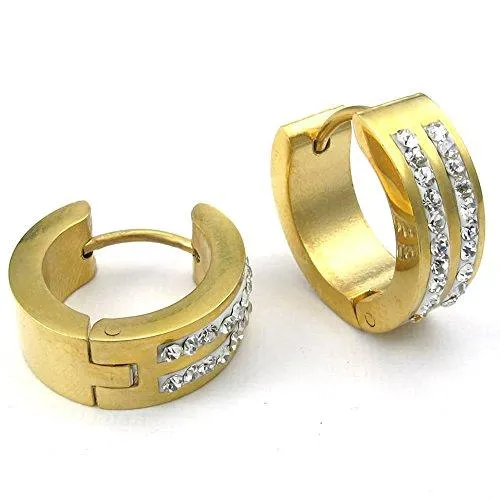 Men Cubic Zirconia Stainless Steel Stud Huggie Hoop Earrings Set, Gold