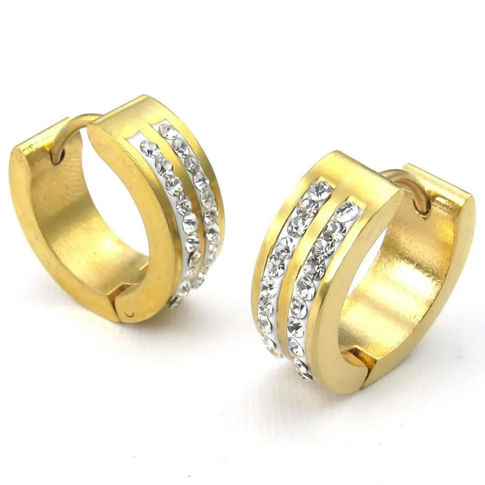 Men Cubic Zirconia Stainless Steel Stud Huggie Hoop Earrings Set, Gold