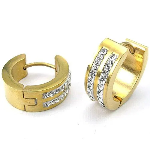 Men Cubic Zirconia Stainless Steel Stud Huggie Hoop Earrings Set, Gold