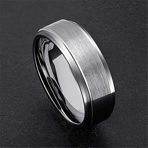 Men Silver 8mm Tungsten Carbide Ring Wedding Jewelry Engagement Promise Band for Him Pipe Cut Matte Finish