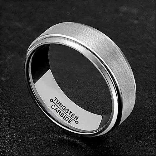 Men Silver 8mm Tungsten Carbide Ring Wedding Jewelry Engagement Promise Band for Him Pipe Cut Matte Finish