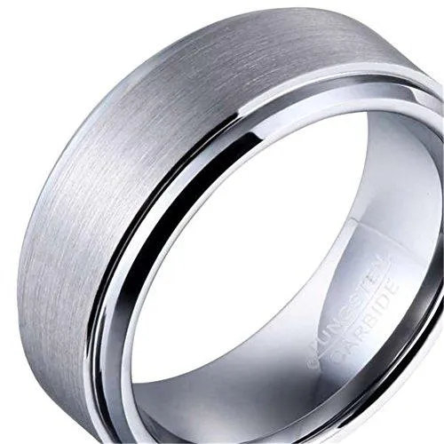 Men Silver 8mm Tungsten Carbide Ring Wedding Jewelry Engagement Promise Band for Him Pipe Cut Matte Finish