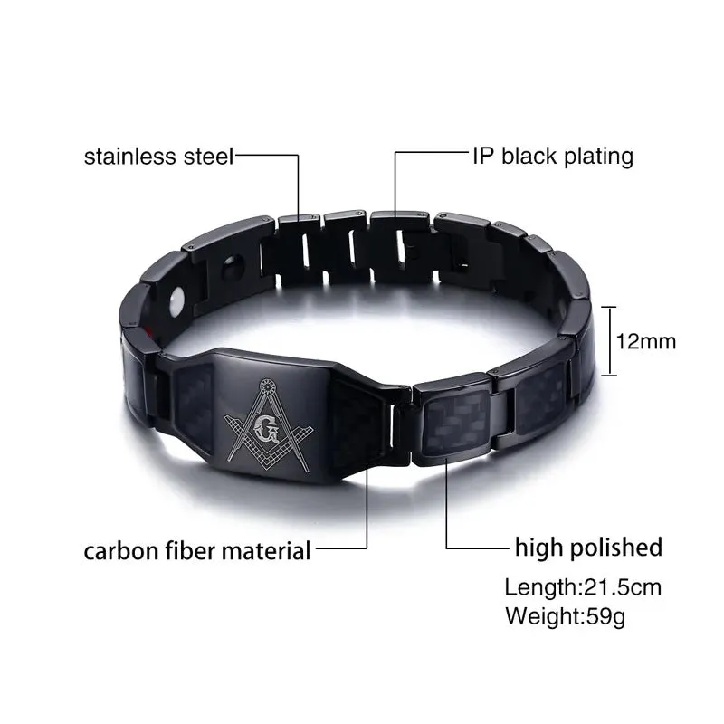 Men's Black Magnetic Stainless Steel Masonic Bracelet Carbon Fiber