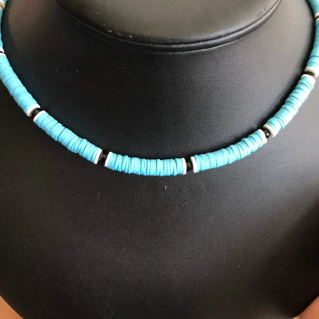 Mens Light Blue Polymer Beaded Necklace