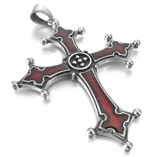 Men's Stainless Steel Enamel Pendant Necklace Silver Tone Red Celtic Medieval Cross -With 22 Inch Chain