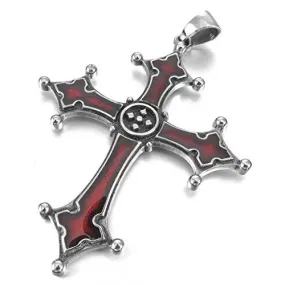 Men's Stainless Steel Enamel Pendant Necklace Silver Tone Red Celtic Medieval Cross -With 22 Inch Chain