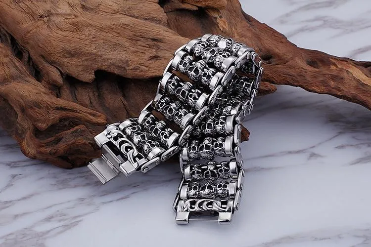 Men’s Stainless Steel Multiple Skull Charm Bracelet