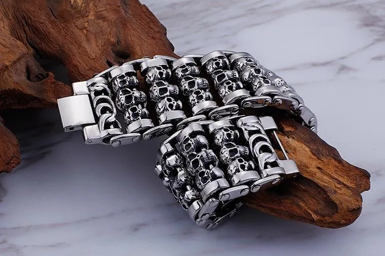 Men’s Stainless Steel Multiple Skull Charm Bracelet