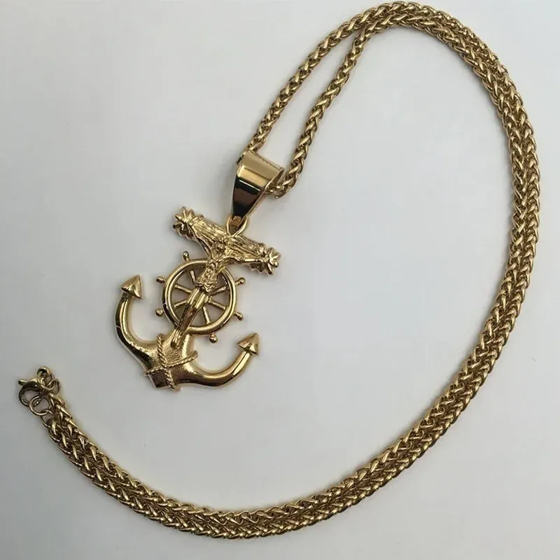 Men's Stainless Steel Pendant Necklace Gold Anchor Nautical Steering Wheel Jesus Cross