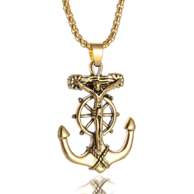 Men's Stainless Steel Pendant Necklace Gold Anchor Nautical Steering Wheel Jesus Cross