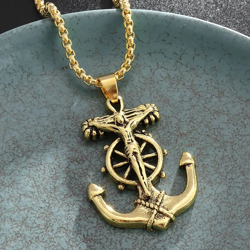 Men's Stainless Steel Pendant Necklace Gold Anchor Nautical Steering Wheel Jesus Cross