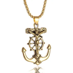 Men's Stainless Steel Pendant Necklace Gold Anchor Nautical Steering Wheel Jesus Cross