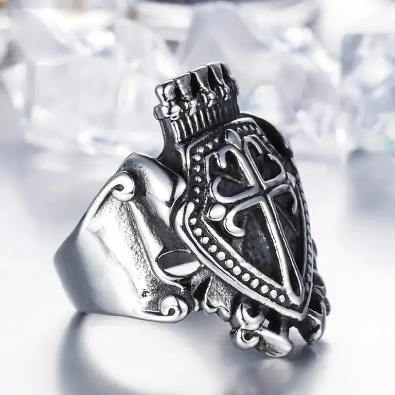 Men's Stainless Steel Ring Silver Tone Black Celtic Medieval Cross Shield