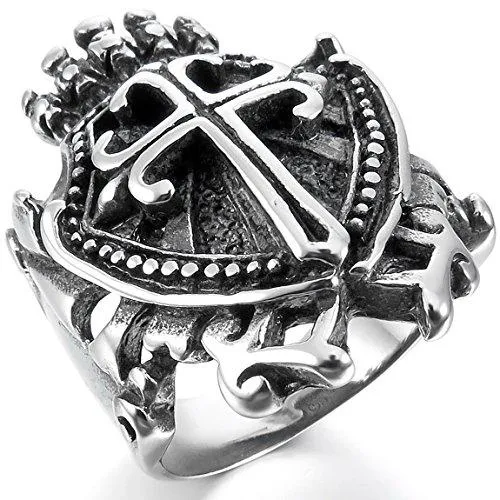 Men's Stainless Steel Ring Silver Tone Black Celtic Medieval Cross Shield