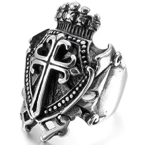 Men's Stainless Steel Ring Silver Tone Black Celtic Medieval Cross Shield