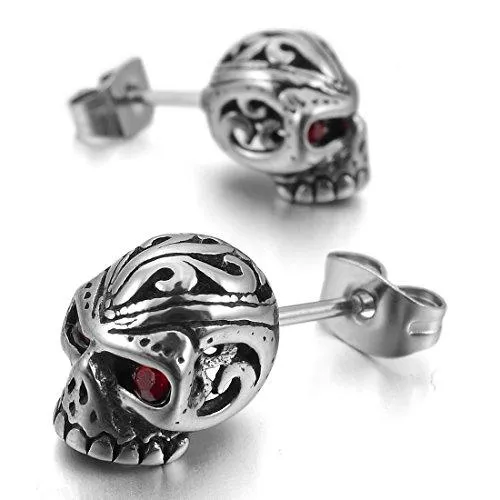 Men's Stainless Steel Stud Earrings CZ Silver Tone White Red Skull