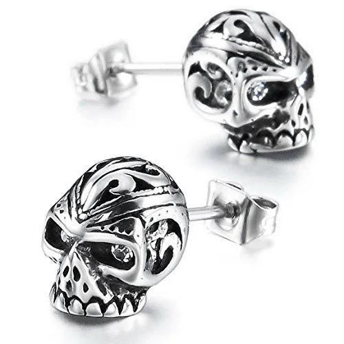 Men's Stainless Steel Stud Earrings CZ Silver Tone White Red Skull