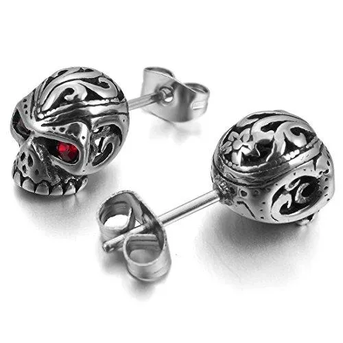 Men's Stainless Steel Stud Earrings CZ Silver Tone White Red Skull