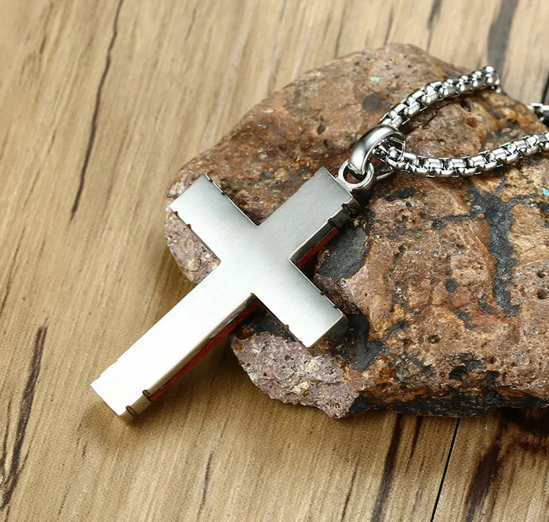 Men's Stainless Steel Wood Pendant Necklace Silver Gold Tone Cross - With 24 Inch Chain