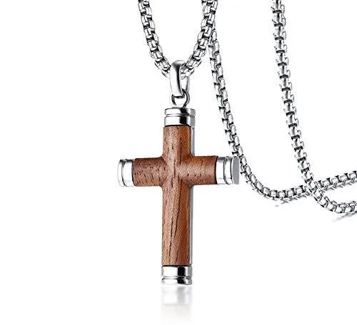 Men's Stainless Steel Wood Pendant Necklace Silver Gold Tone Cross - With 24 Inch Chain