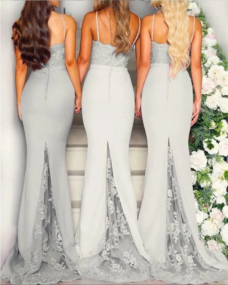 Mermaid Grey Spaghetti Straps Sweetheart Lace Satin Bridesmaid Dresses