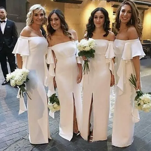 Mermaid Off the Shoulder Satin Floor Length Ivory Bridesmaid Dresses Slit Party Dresses