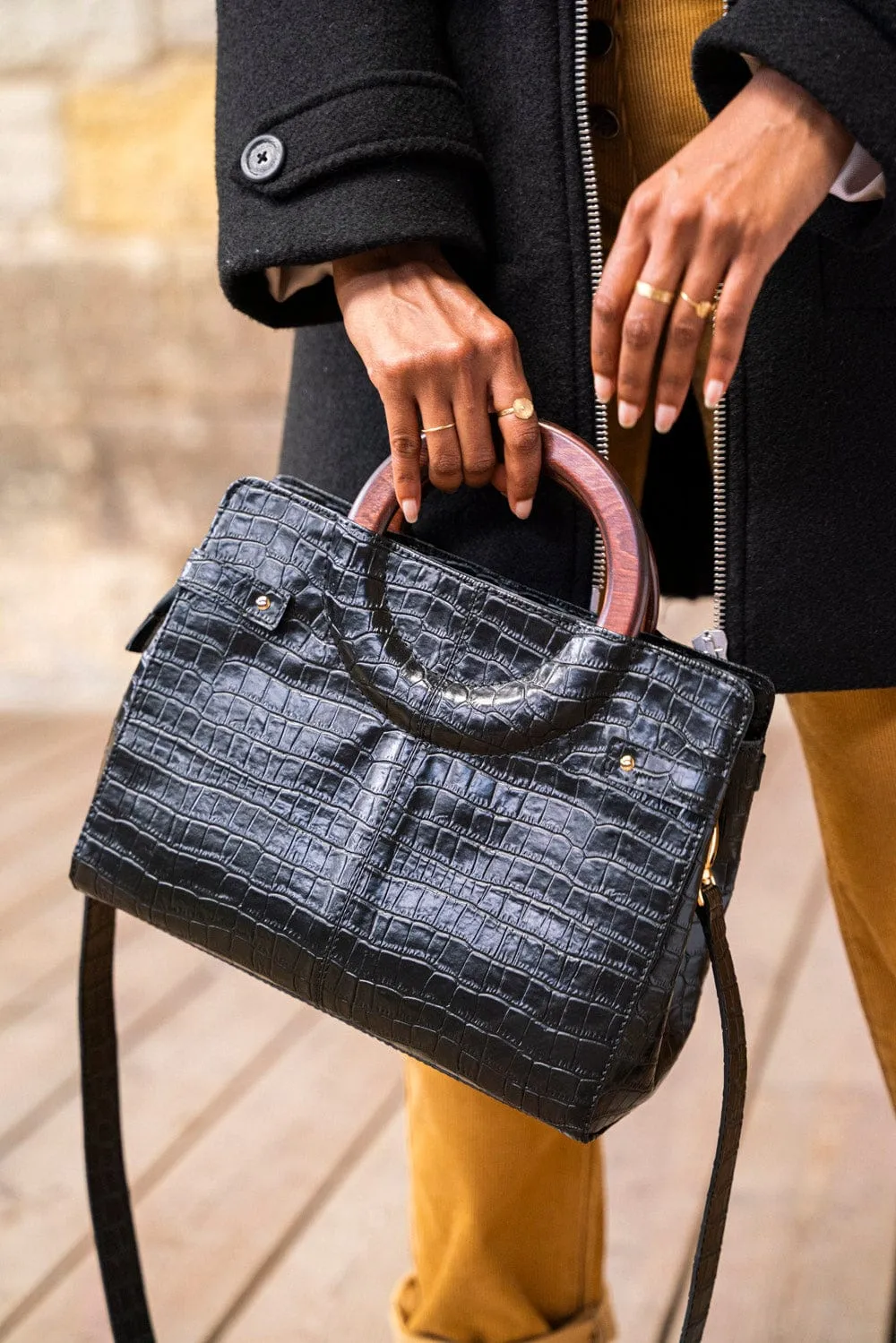 Mini Kayamb Vegan Leather Handbag | Black Croc