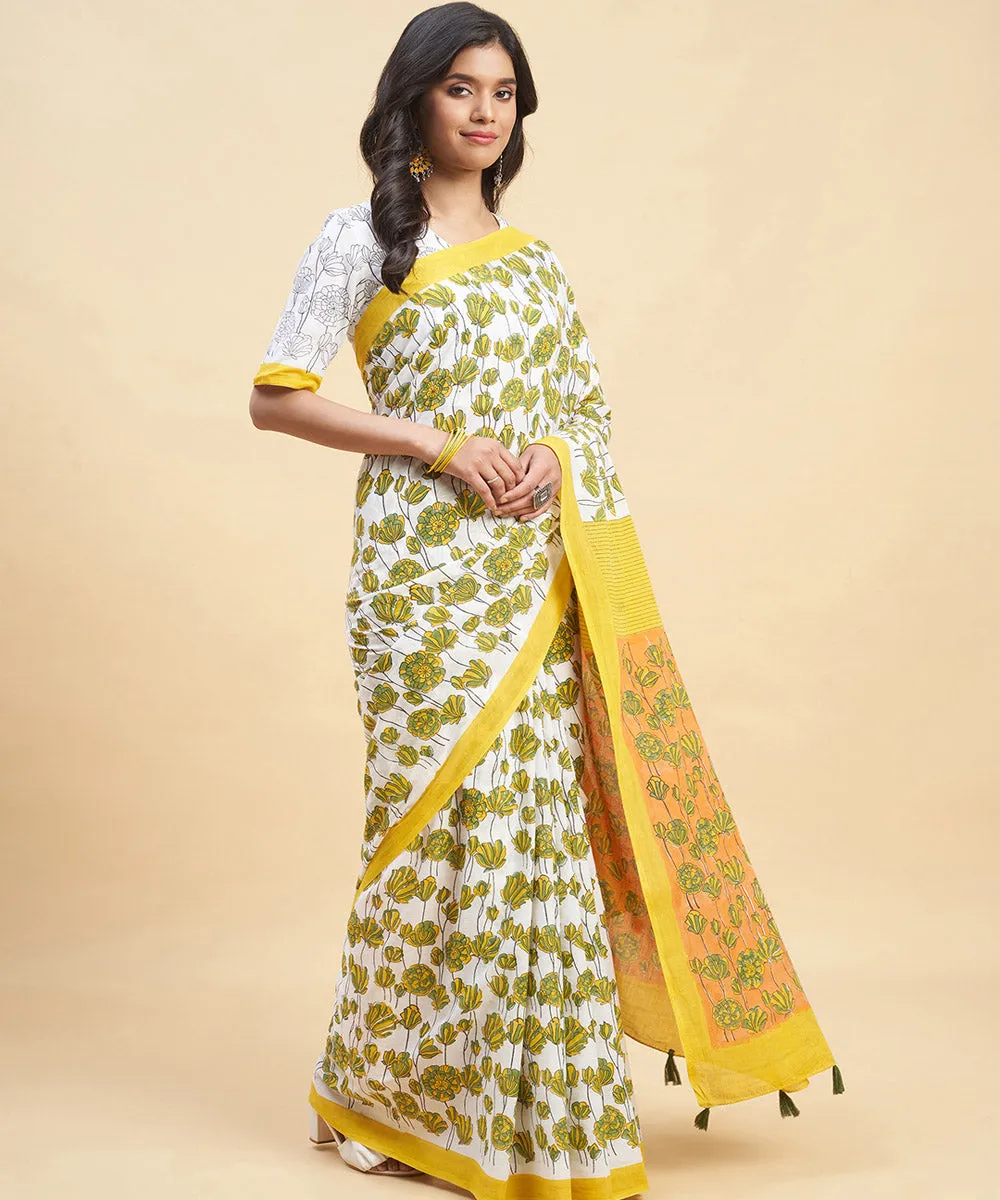 Mustard olive green cotton sanganeri hand block printed saree