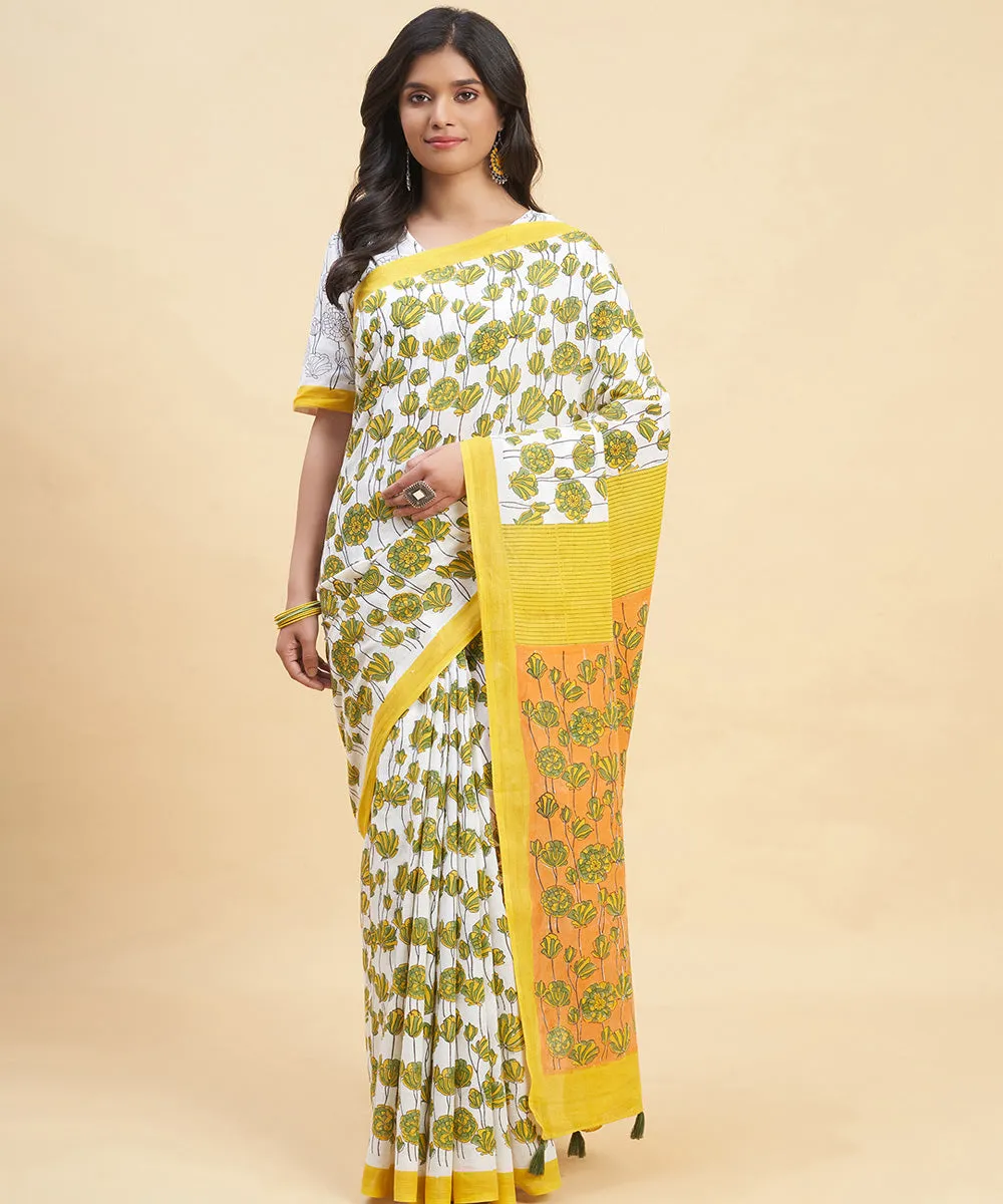 Mustard olive green cotton sanganeri hand block printed saree