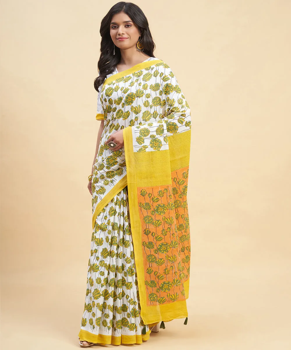 Mustard olive green cotton sanganeri hand block printed saree