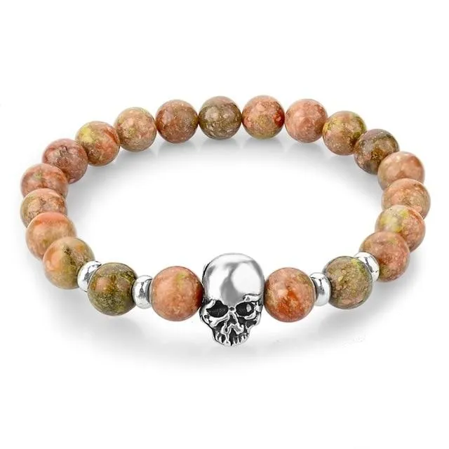 Natural Lava Stone Multicolor Beaded Skull Bracelet