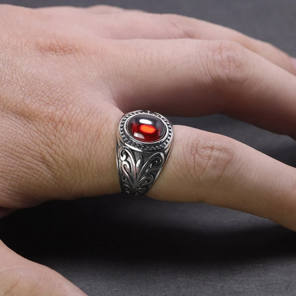 Natural Red Garnet Stone and Engraved Flowers 925 Sterling Silver Vintage Ring