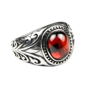 Natural Red Garnet Stone and Engraved Flowers 925 Sterling Silver Vintage Ring