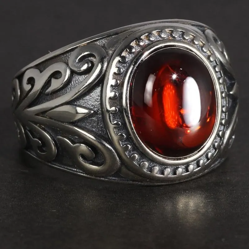 Natural Red Garnet Stone and Engraved Flowers 925 Sterling Silver Vintage Ring