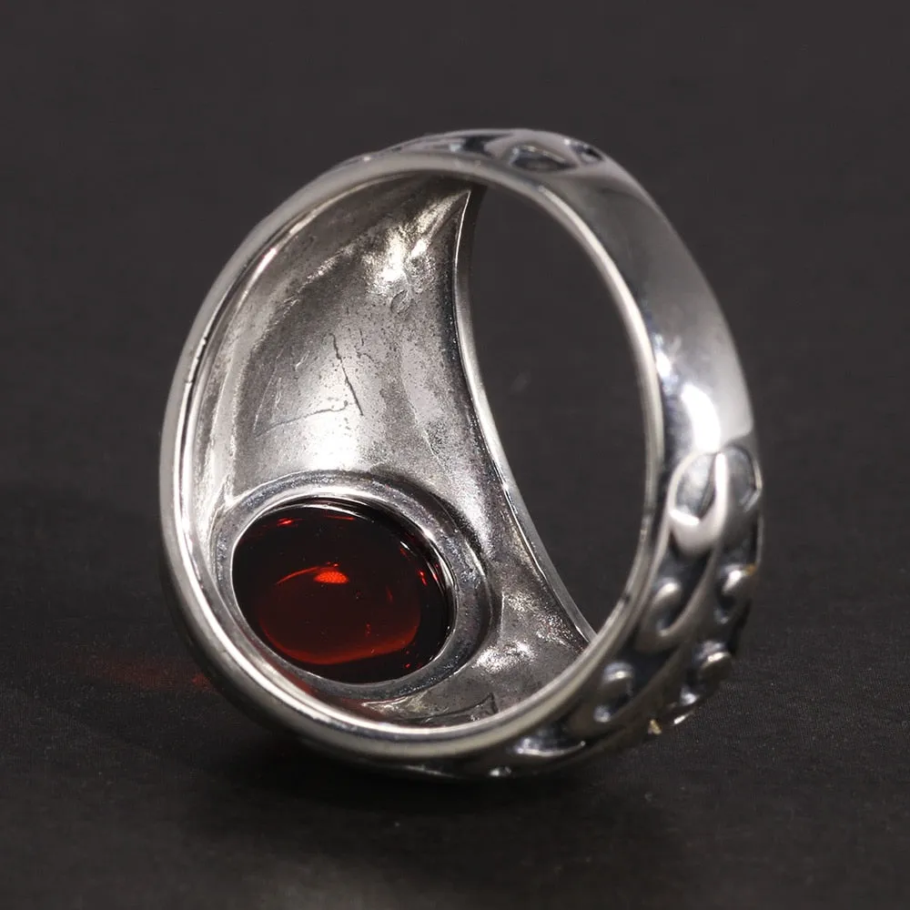 Natural Red Garnet Stone and Engraved Flowers 925 Sterling Silver Vintage Ring