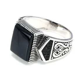 Natural Square Black Agate Stone 925 Sterling Silver Turkish Ring