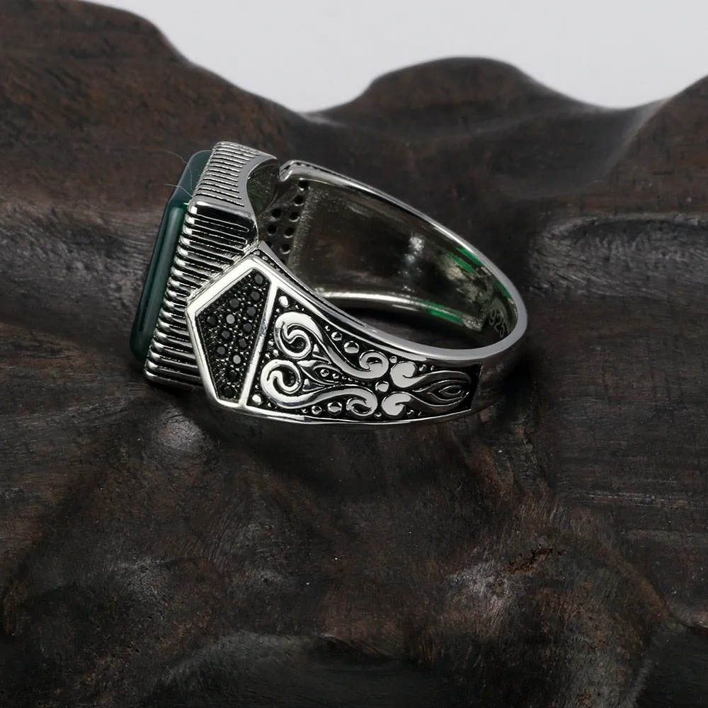 Natural Square Black Agate Stone 925 Sterling Silver Turkish Ring