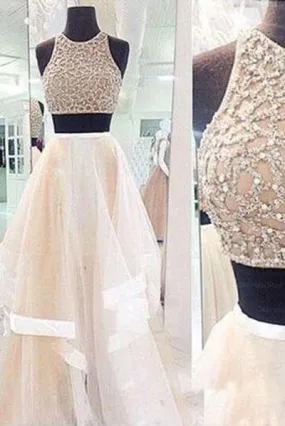 New Style Prom Dresses Sexy Champagne Prom Dress Two Piece High Neck Tulle Party Dresses