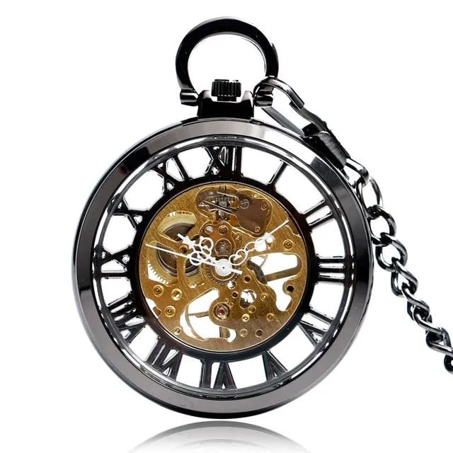 Open Faced Pocket Mechanical Watch with Hollow Gear Skeleton Design