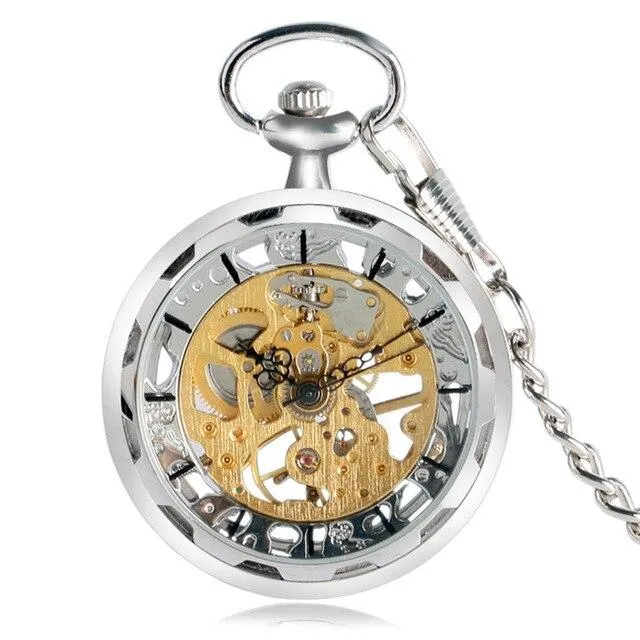 Open Faced Pocket Mechanical Watch with Hollow Gear Skeleton Design