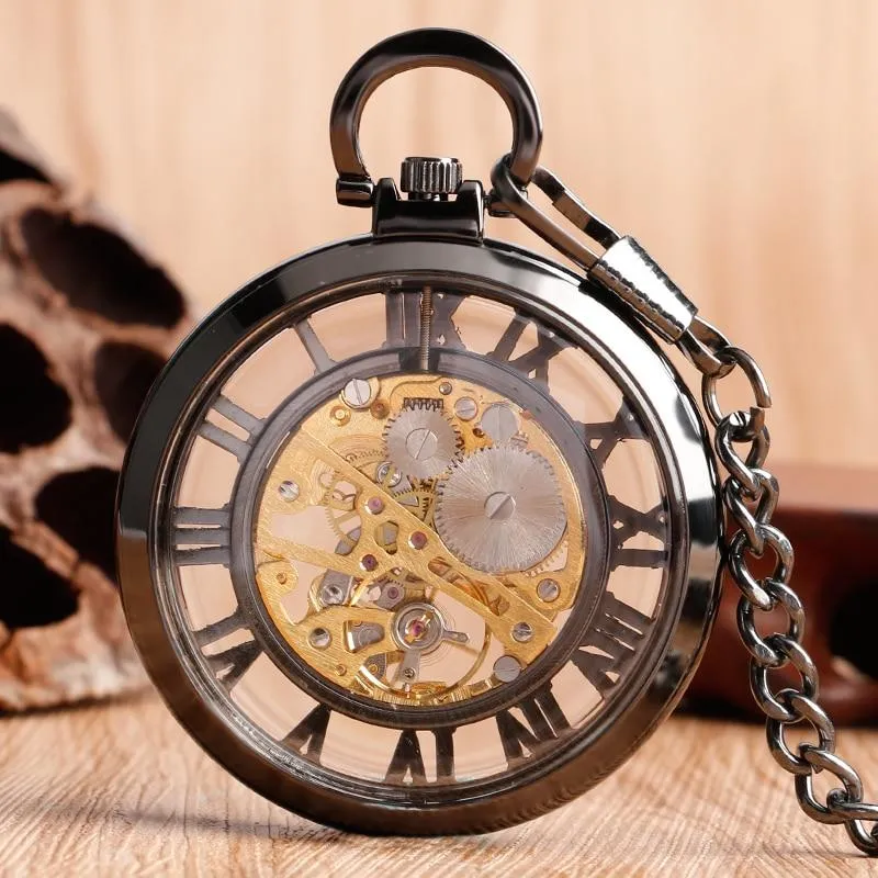 Open Faced Pocket Mechanical Watch with Hollow Gear Skeleton Design