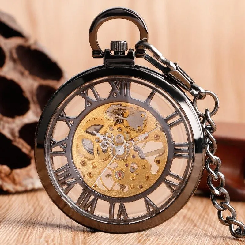 Open Faced Pocket Mechanical Watch with Hollow Gear Skeleton Design