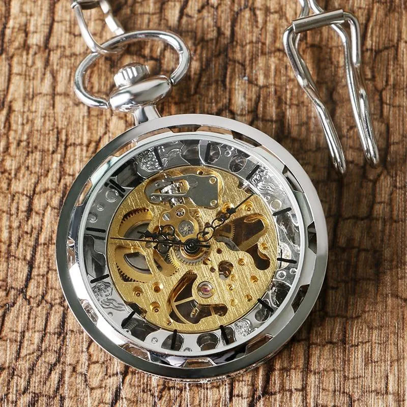 Open Faced Pocket Mechanical Watch with Hollow Gear Skeleton Design