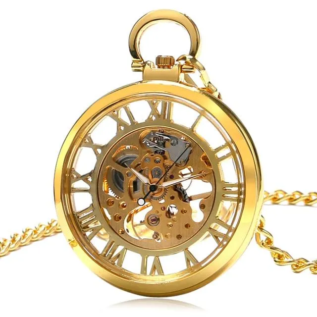 Open Faced Pocket Mechanical Watch with Hollow Gear Skeleton Design