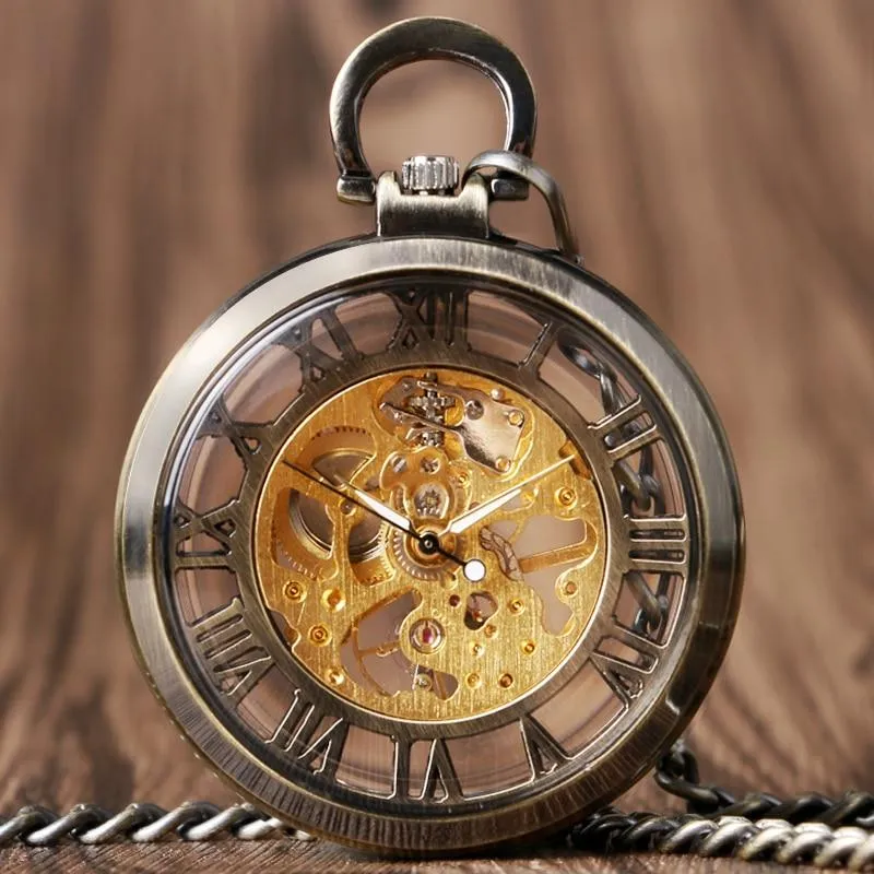 Open Faced Pocket Mechanical Watch with Hollow Gear Skeleton Design